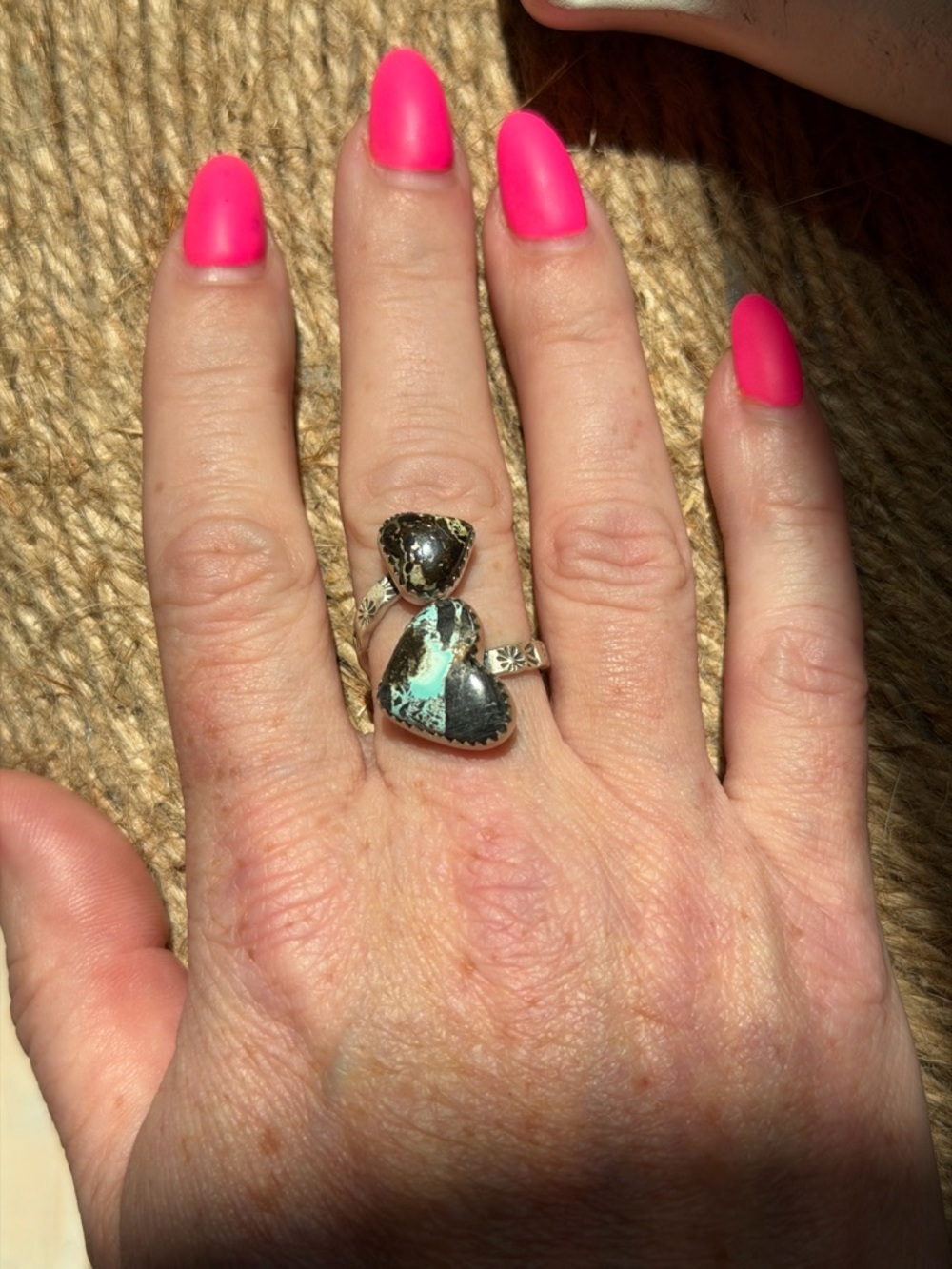 Black Jack Turquoise Heart Double-Stack bypass Sterling Silver Ring - Picture 4 of 6